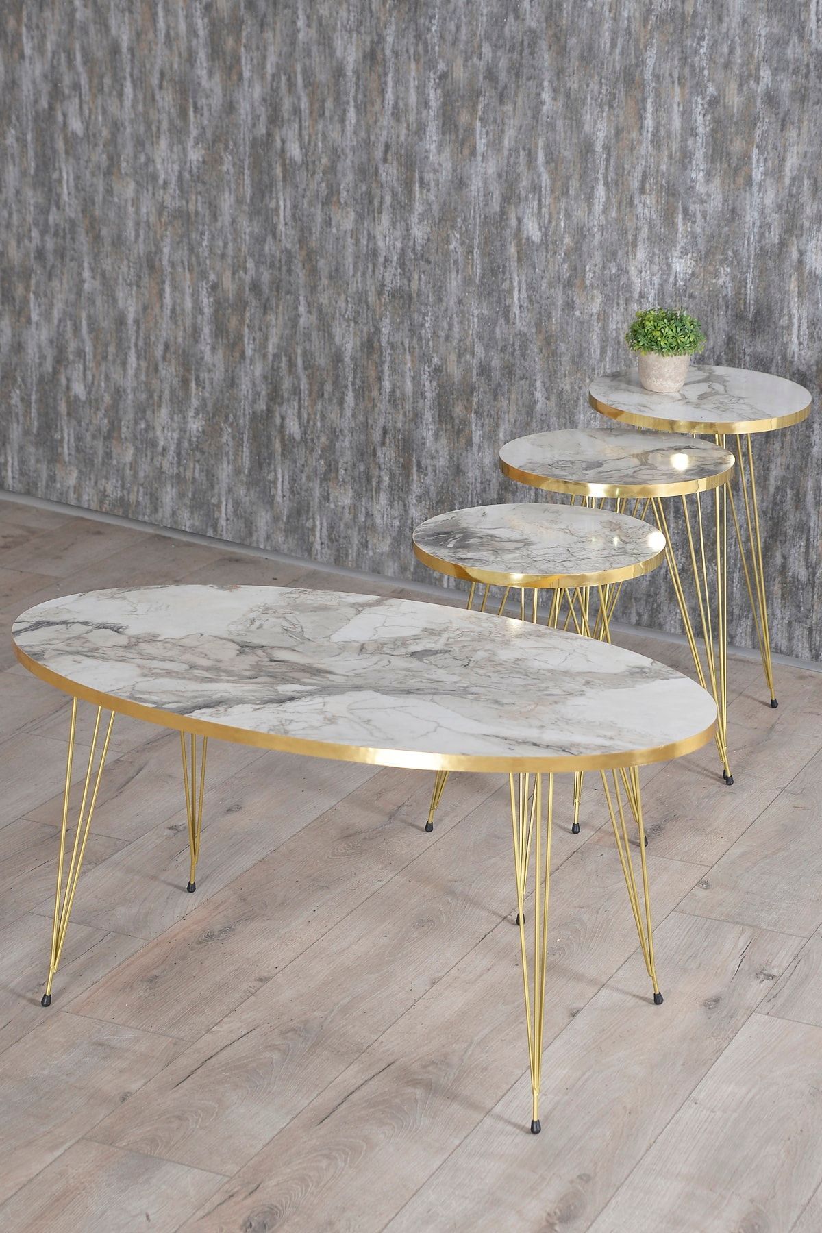 pazarella Zigon Sehpa Ve Orta Sehpa Elips Set Gold Efes Tel