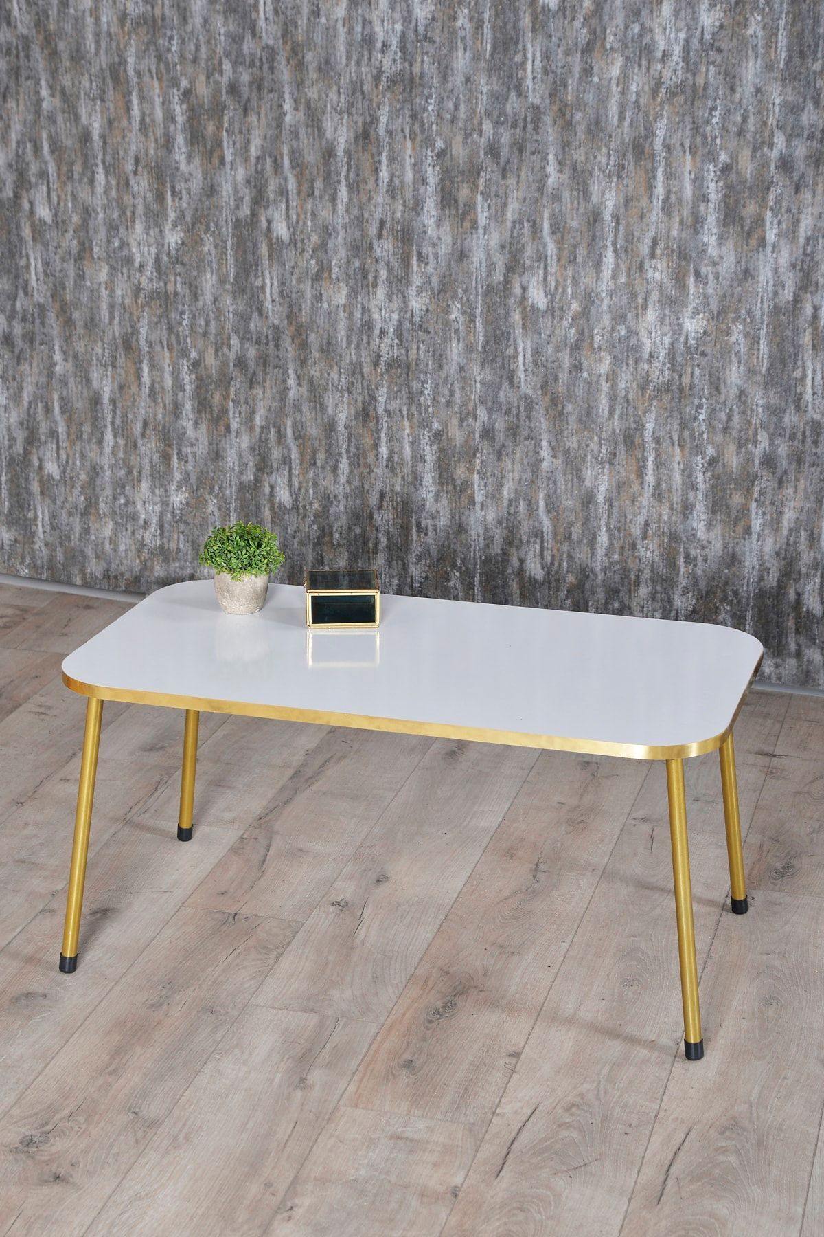 pazarella Zigon Sehpa ve Orta Sehpa Kr Gold Metal Ayak Gold Beyaz Set
