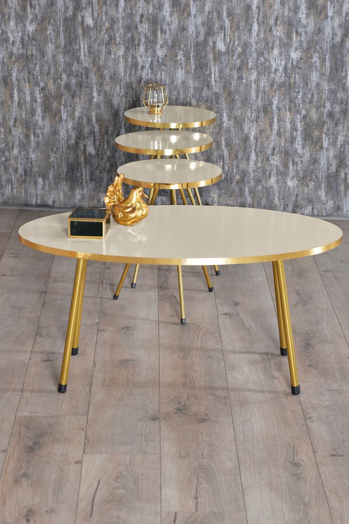 pazarella Zigon Sehpa ve Orta Sehpa Elips Gold Metal Ayak Gold Krem Set