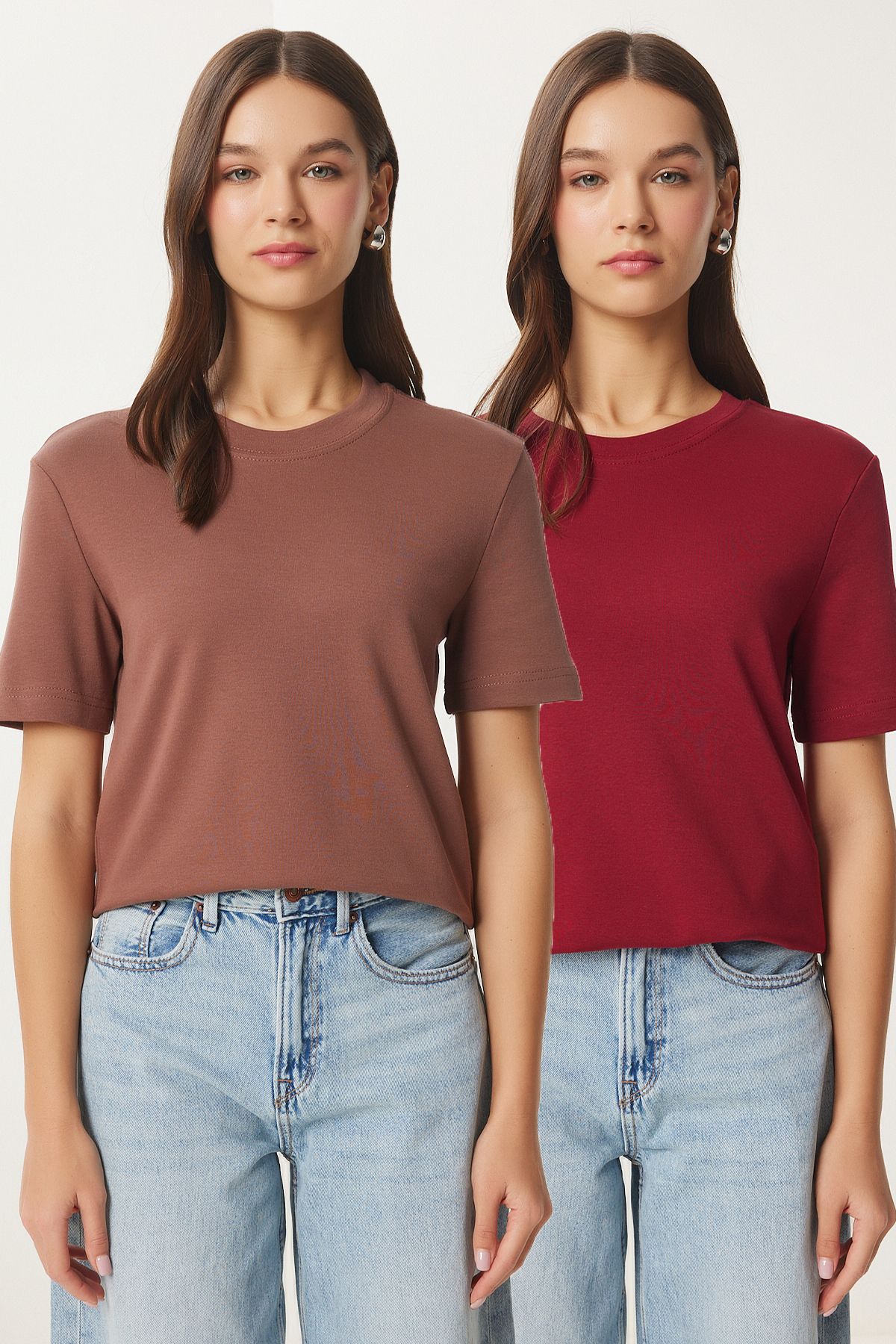 Lovelyİstanbul-Basic Cotton Knitted T-Shirt 2 Pack - Bordo, Brown Lag0002 1