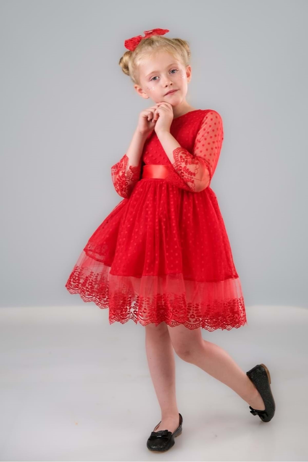 Mnk Dream Luxury Dantel Kız Çocuk Elbise MNK0327 KIRMIZI fotoğrafı 3 (önizleme)