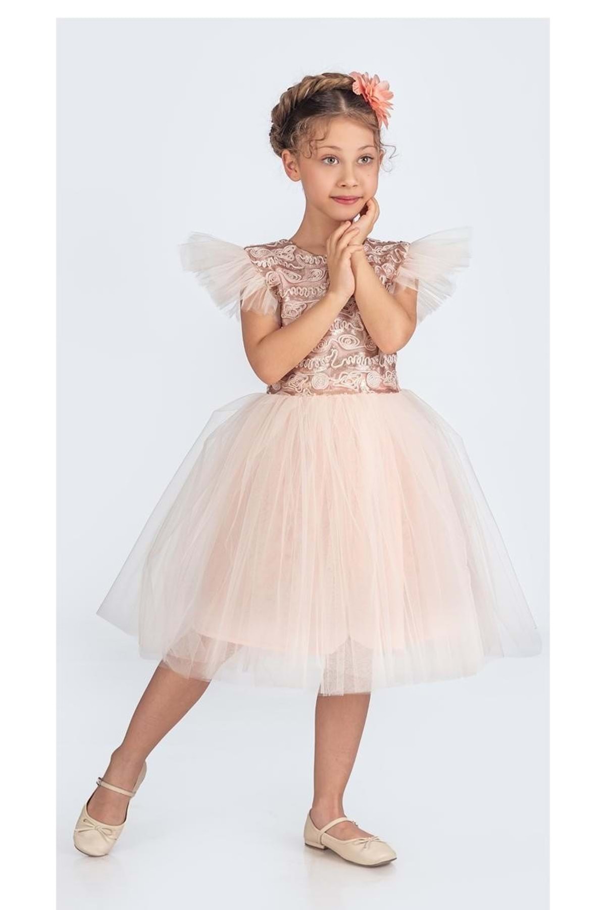 Mnk Baby&Kids Tüllü Kız Çocuk KPL Elbise MNK0526 SOMON fotoğrafı 4 (önizleme)