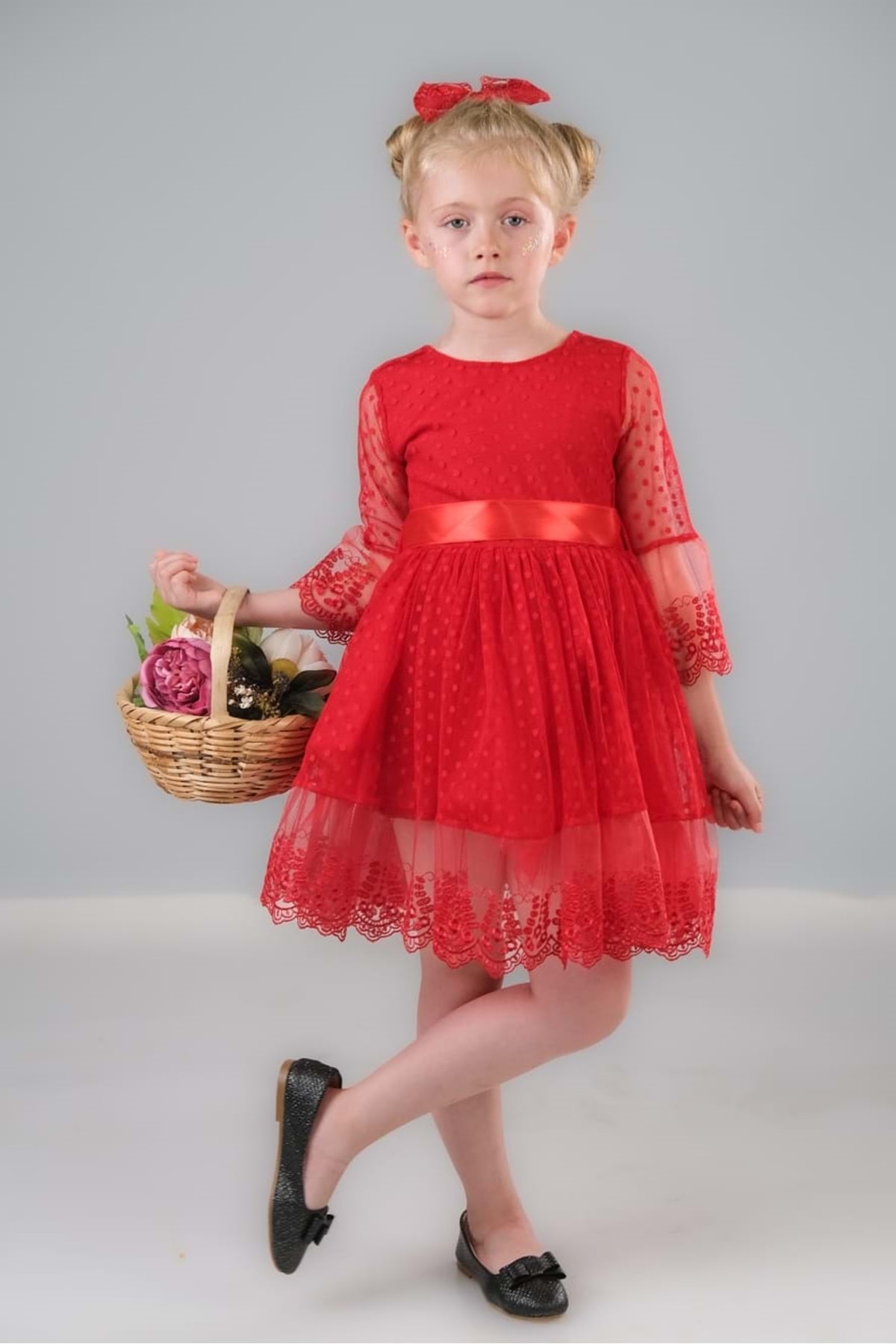 Mnk Dream Luxury Dantel Kız Çocuk Elbise MNK0327 KIRMIZI fotoğrafı 5 (önizleme)