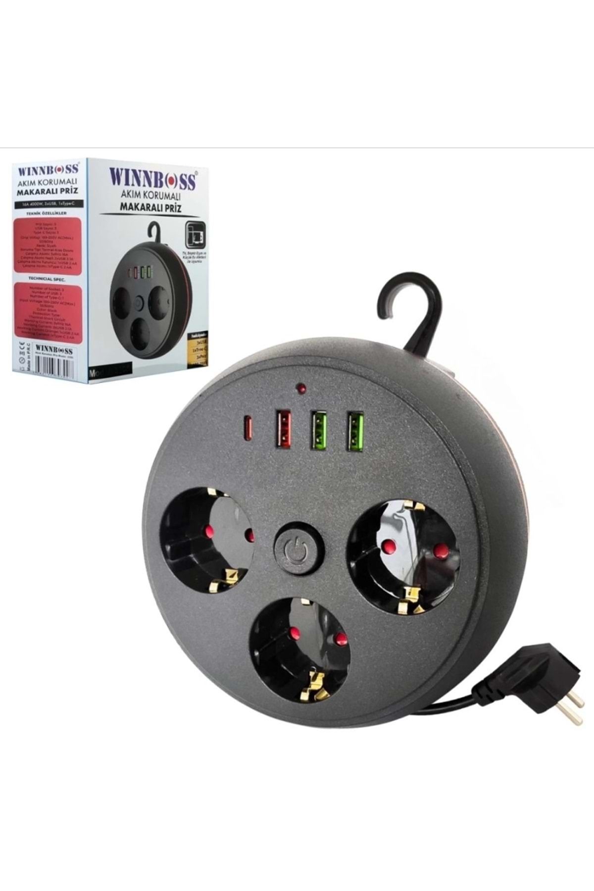 REWEL-Winnboss Wn-3395 Triple Current Shielded Plug Socket with Roller Switch 16A 4000 Watts 3Xusb 1Xtype-C 323083 1