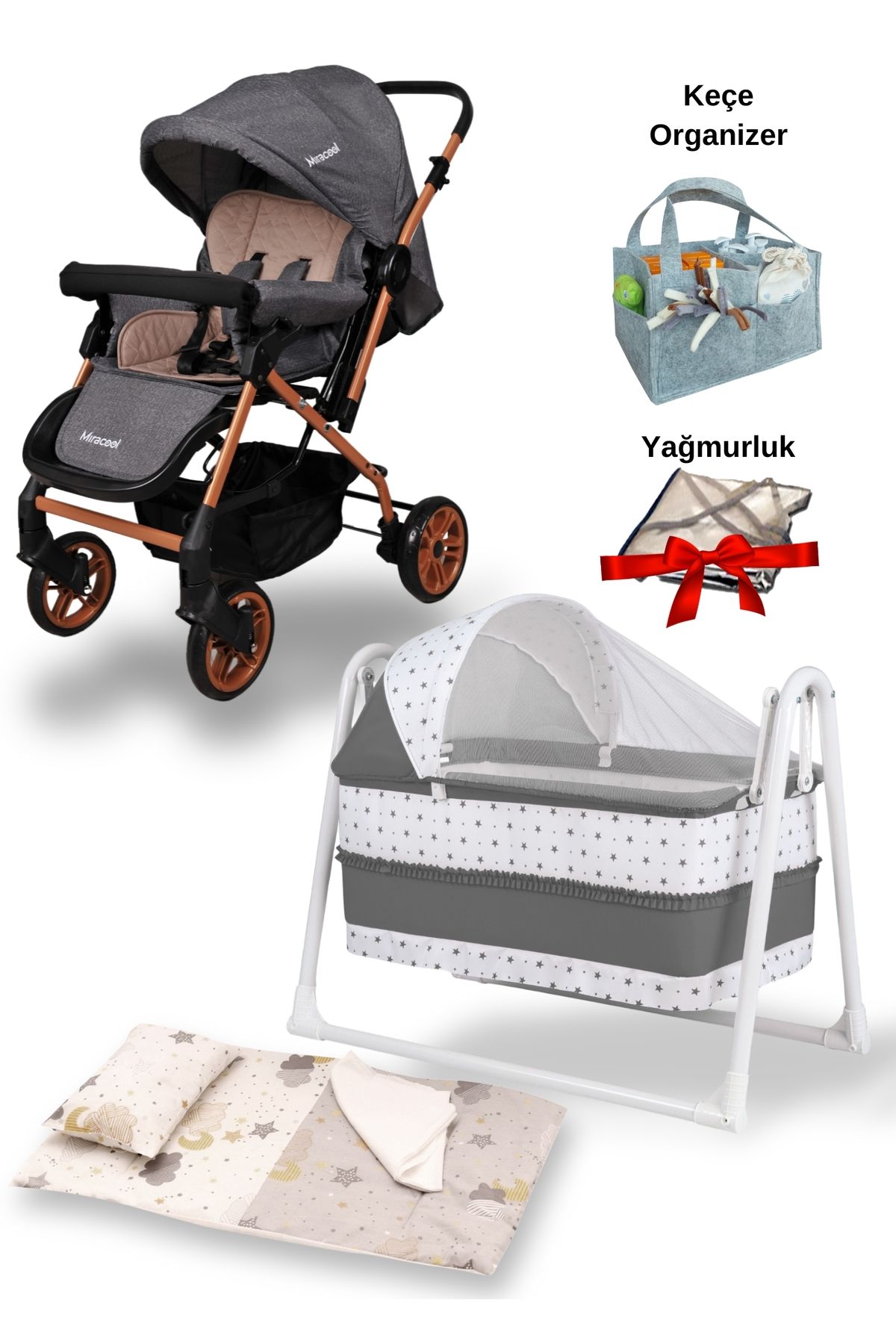 miracool 7'li Bebek Seti / Olympus Bebek Arabası / Star Beşik / Keçe Organizer/Yastık/Yorgan/Çarşaf/Yağmurluk