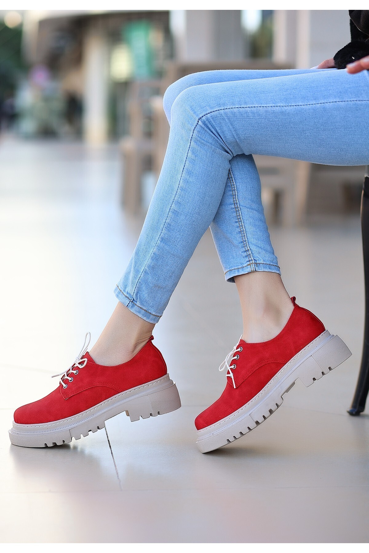 Teri Kırmızı Cilt Desenli Bağcıklı Ayakkabı