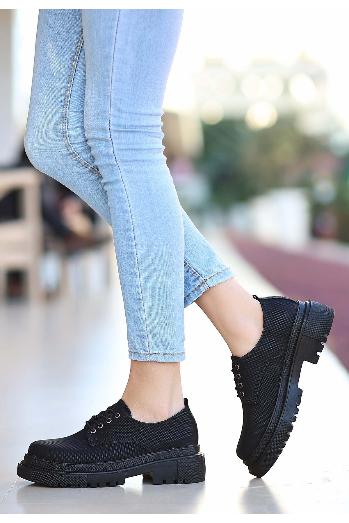 Teri Siyah Cilt Desenli Bağcıklı Ayakkabı