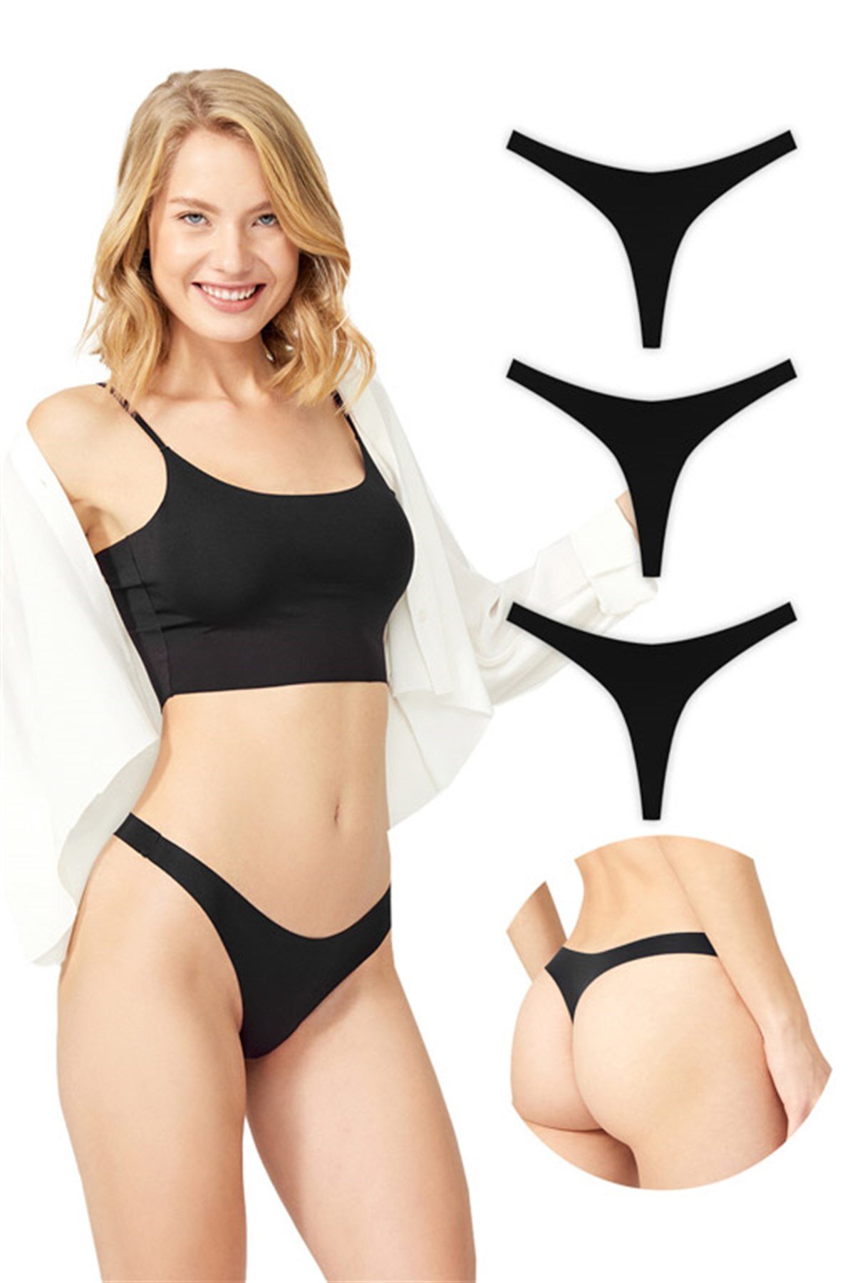 Cottonhill-Basic Laser Cut Thong Panties 3-Pack - 5 2