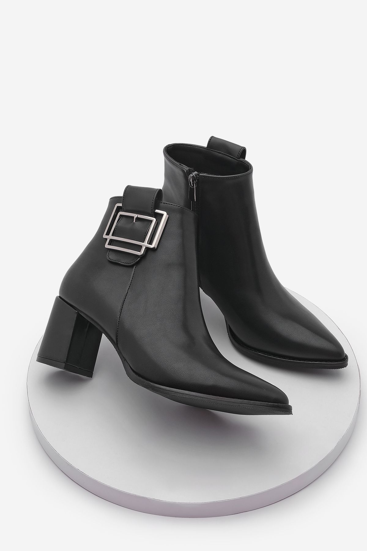 Marjin-Zetta Black Women's Boots - Thick Heel with Silver Buckle and Belt Detail 1