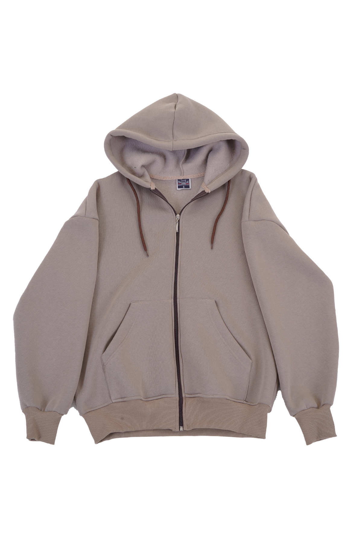 Exve Exclusive-Μπεζ Basic Oversize Μαλακό Πλεκτό Χειμερινό Φούτερ με κουκούλα με φλις εσωτερικά 3 νήματα με φερμουάρ Loose Ζακέτα 5