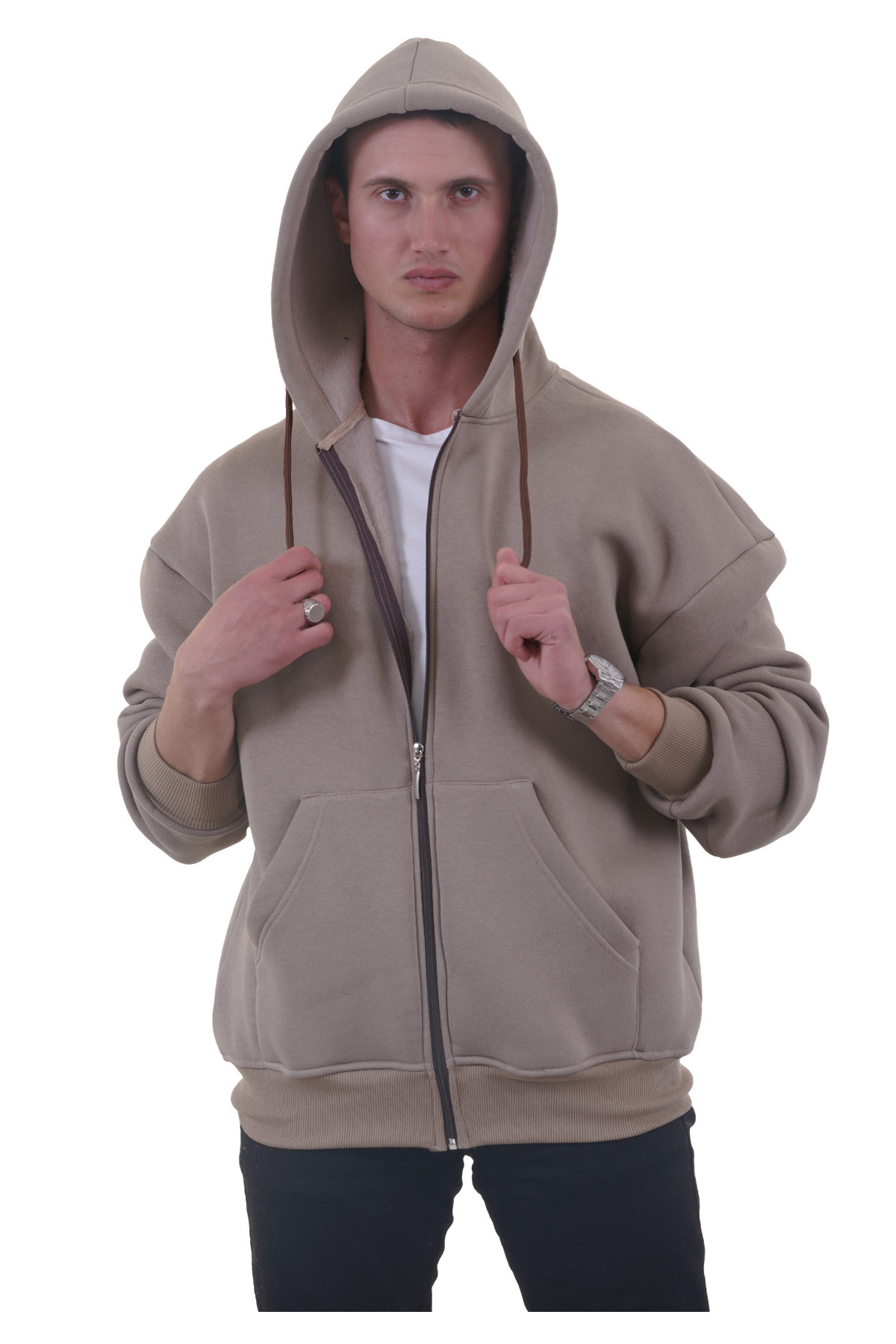 Exve Exclusive-Μπεζ Basic Oversize Μαλακό Πλεκτό Χειμερινό Φούτερ με κουκούλα με φλις εσωτερικά 3 νήματα με φερμουάρ Loose Ζακέτα 3