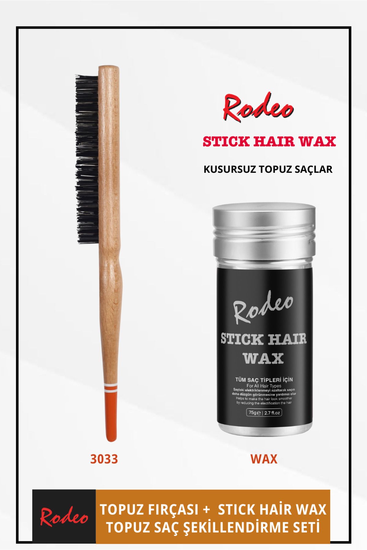 RODEO Profesyonel Topuz Fırçası 3033 75gr Stick Wax Saç Şekillendirme Ve Sabitleme Seti