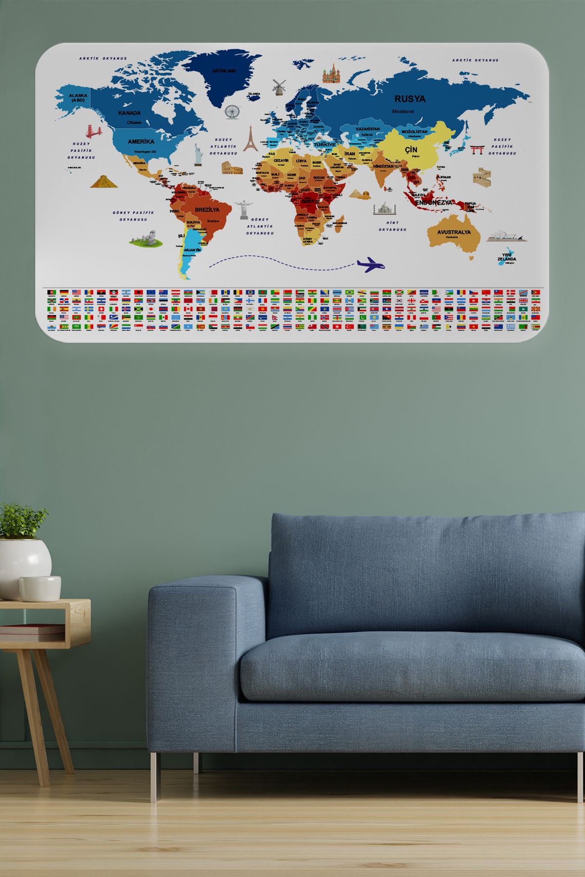 Haye Collection Ülke Bayrak lı Eğitici Başkent Detaylı Atlası Dünya Haritası Duvar Sticker -60x105-3857