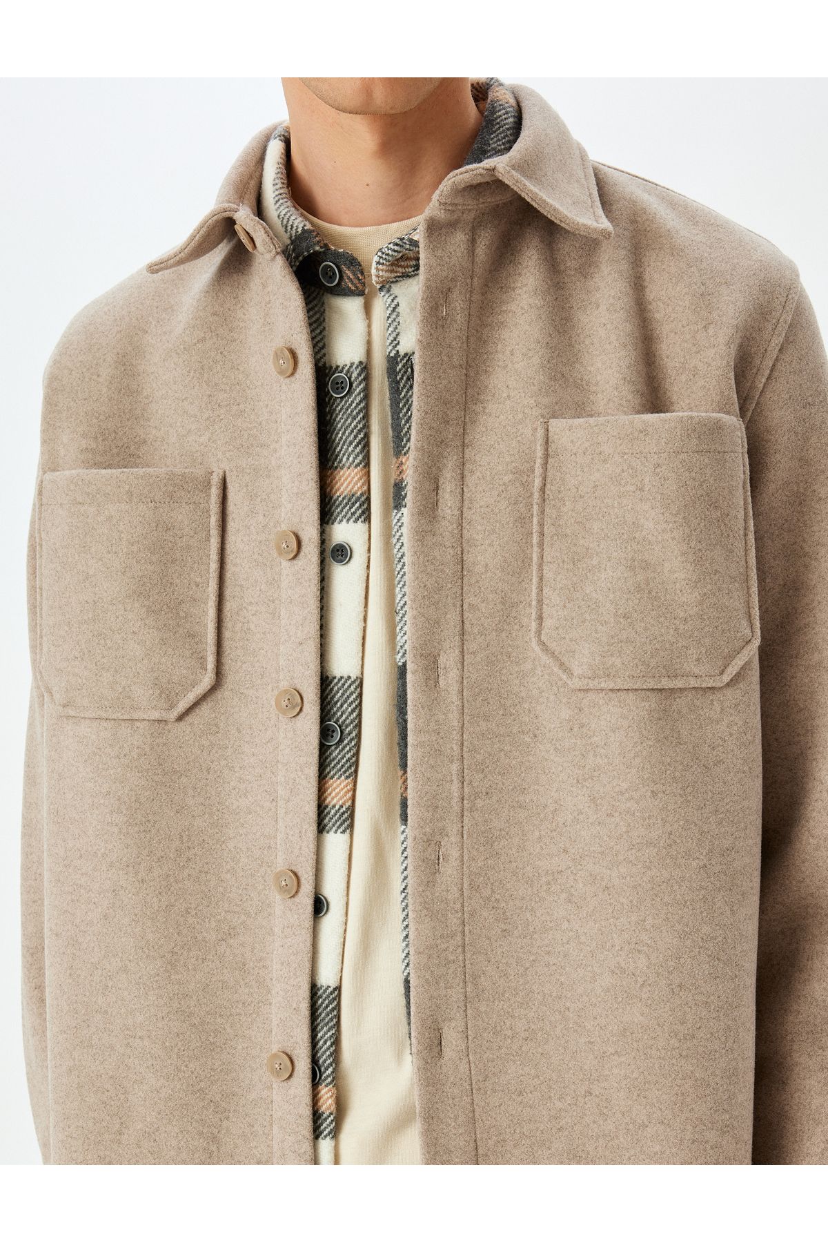 Koton-Viskose-Mischgewebe Regular Fit Langarm-Kaschmir-Hemdjacke mit Taschendetail 5