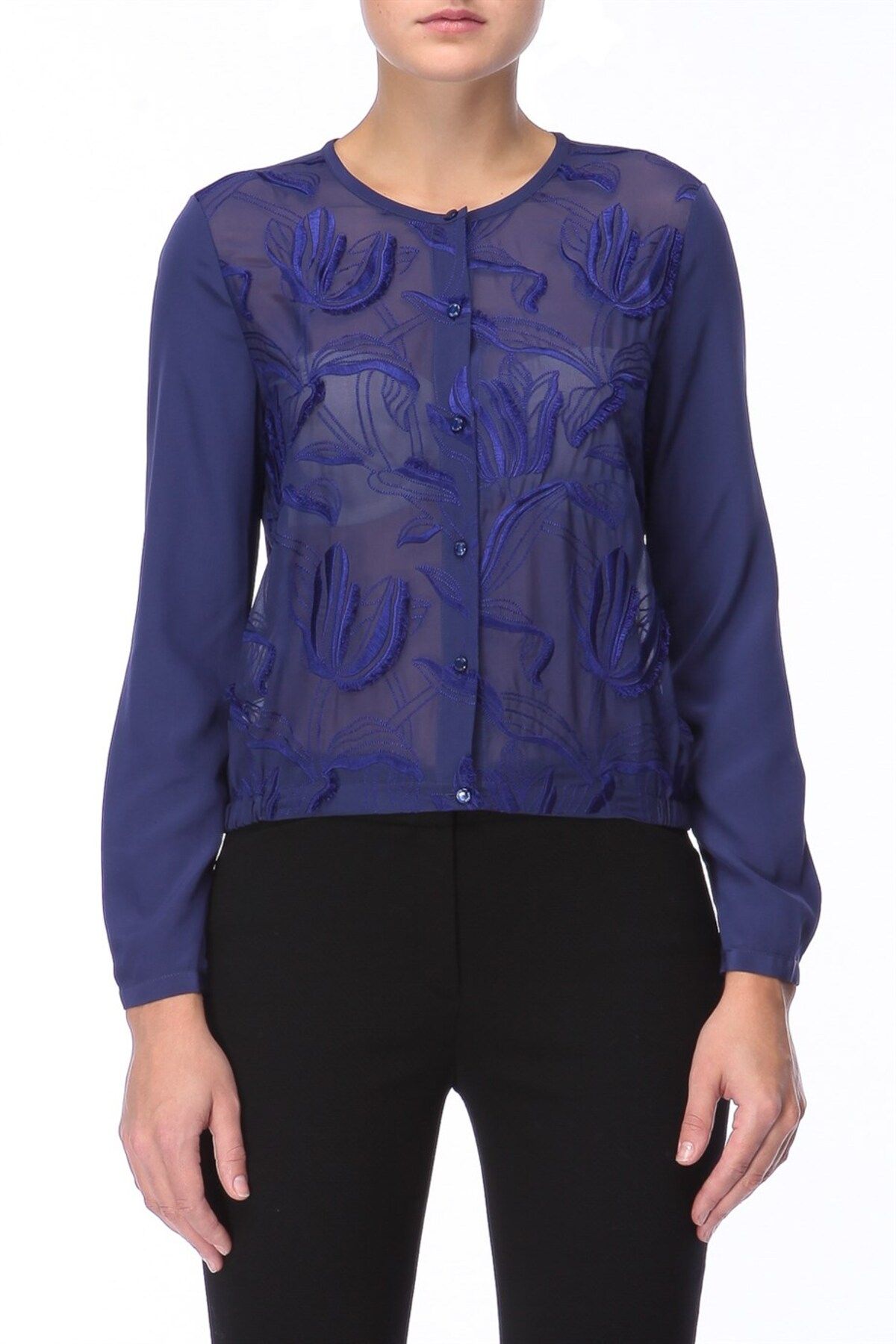 Escada-Crew Neck Patterned Blue Silk Shirt with Elastic Waist 2