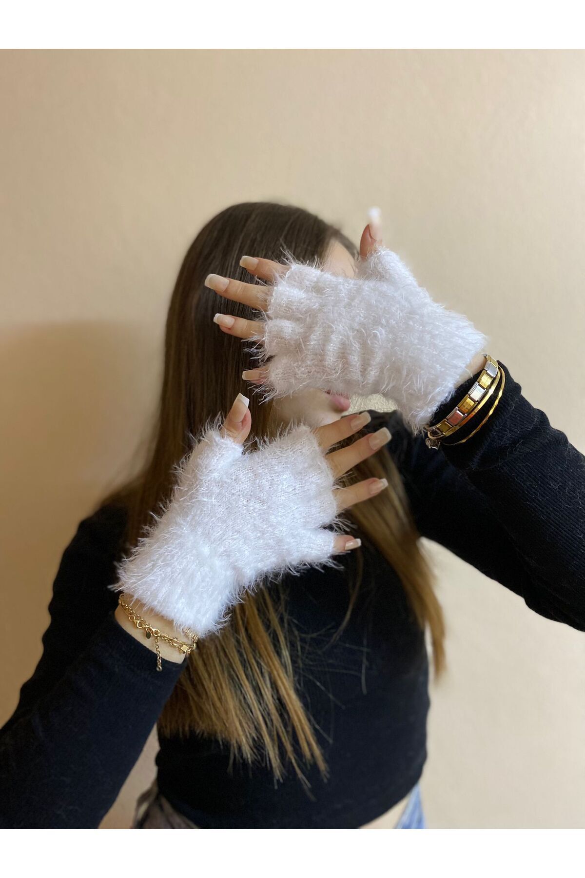 sema aksesuar-White Beard Drawstring Mohair Fingers Cut Out Gloves - Fingerless Gloves - Gift - New Year New Year 4