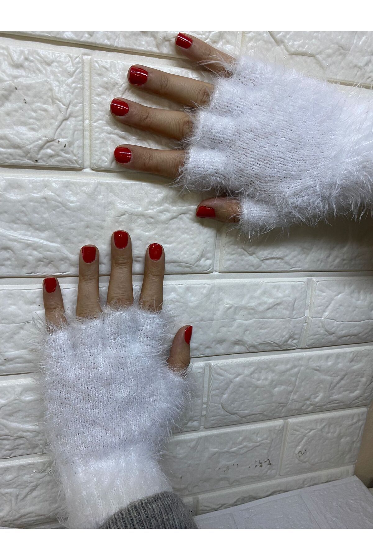 sema aksesuar-White Beard Drawstring Mohair Fingers Cut Out Gloves - Fingerless Gloves - Gift - New Year New Year 7