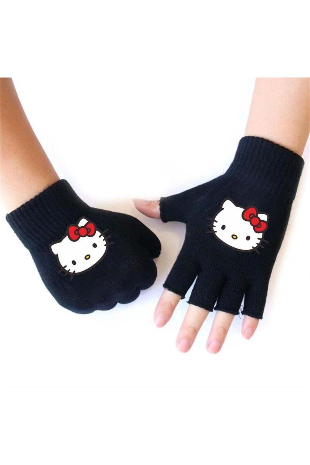 Karakedi Siyah Hello Kitty Baskılı Kesik Parmak Eldiven