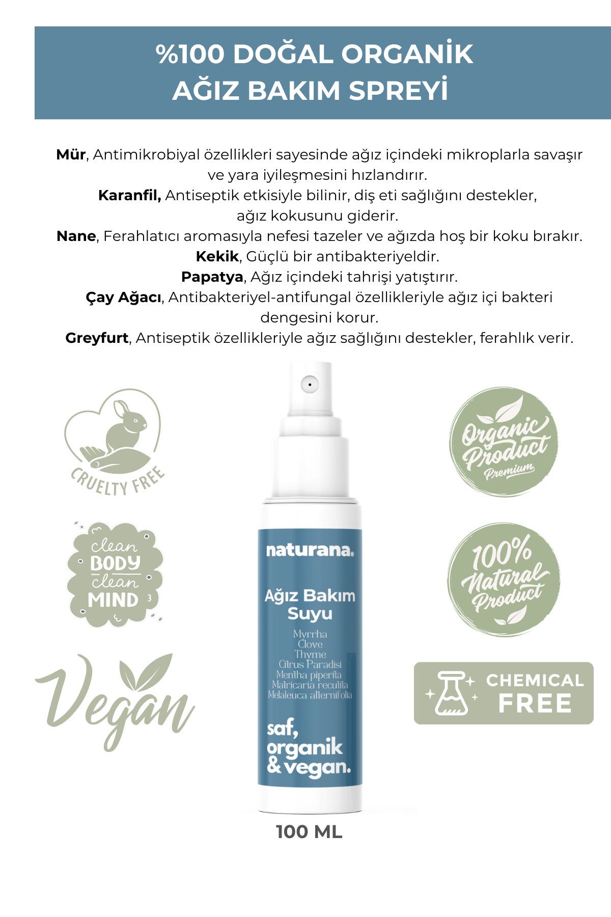 Naturana Doğal Organik Ağız Kokusu Ağrı Yara Aft Giderici Sprey 100 ML Diş Eti Sağlığı Bakteri Önleyici