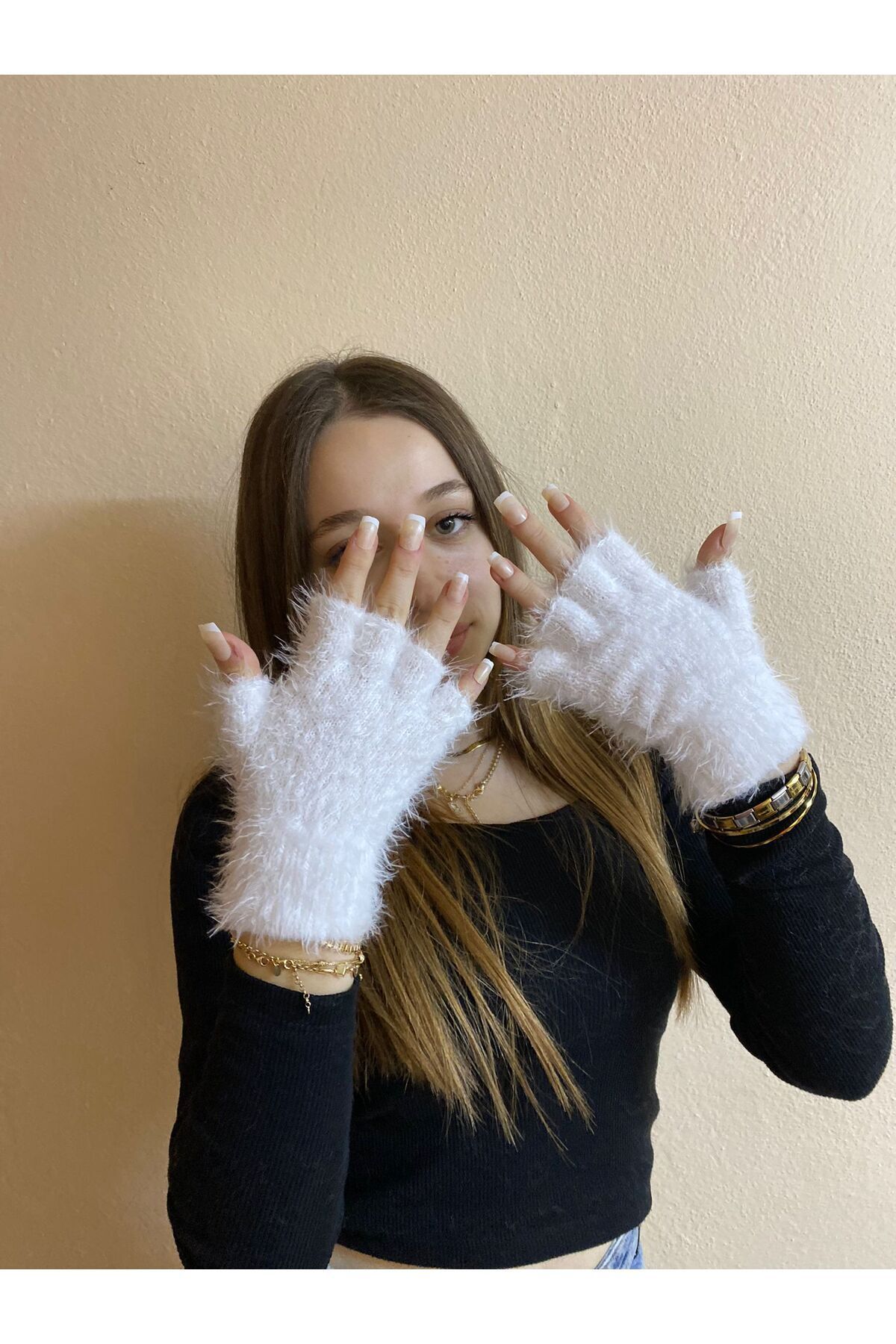 sema aksesuar-White Beard Drawstring Mohair Fingers Cut Out Gloves - Fingerless Gloves - Gift - New Year New Year 2
