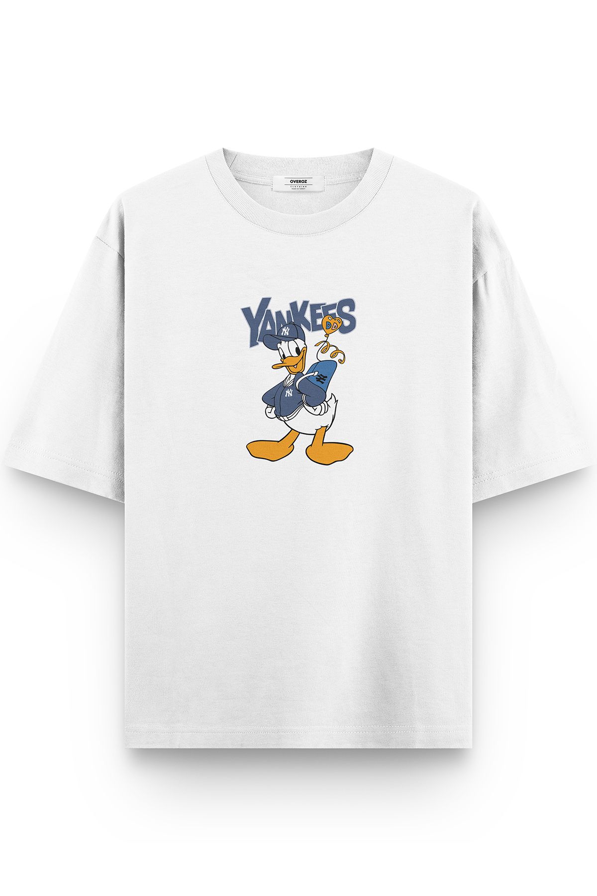 Overoz-Yankees Donald Duck Printed Oversize Cotton T-Shirt - Crew Neck White T1146 1