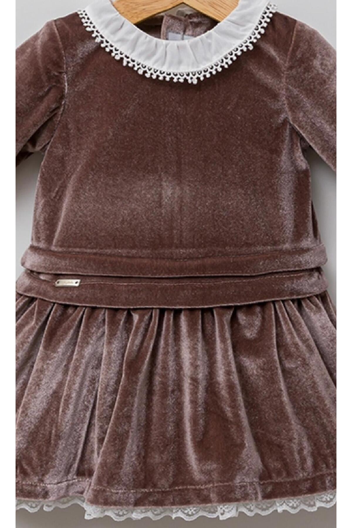 Babydola Kadife kız bebek elbise yakalı etek ucu dantelli özel tasarım fotoğrafı 3 (önizleme)