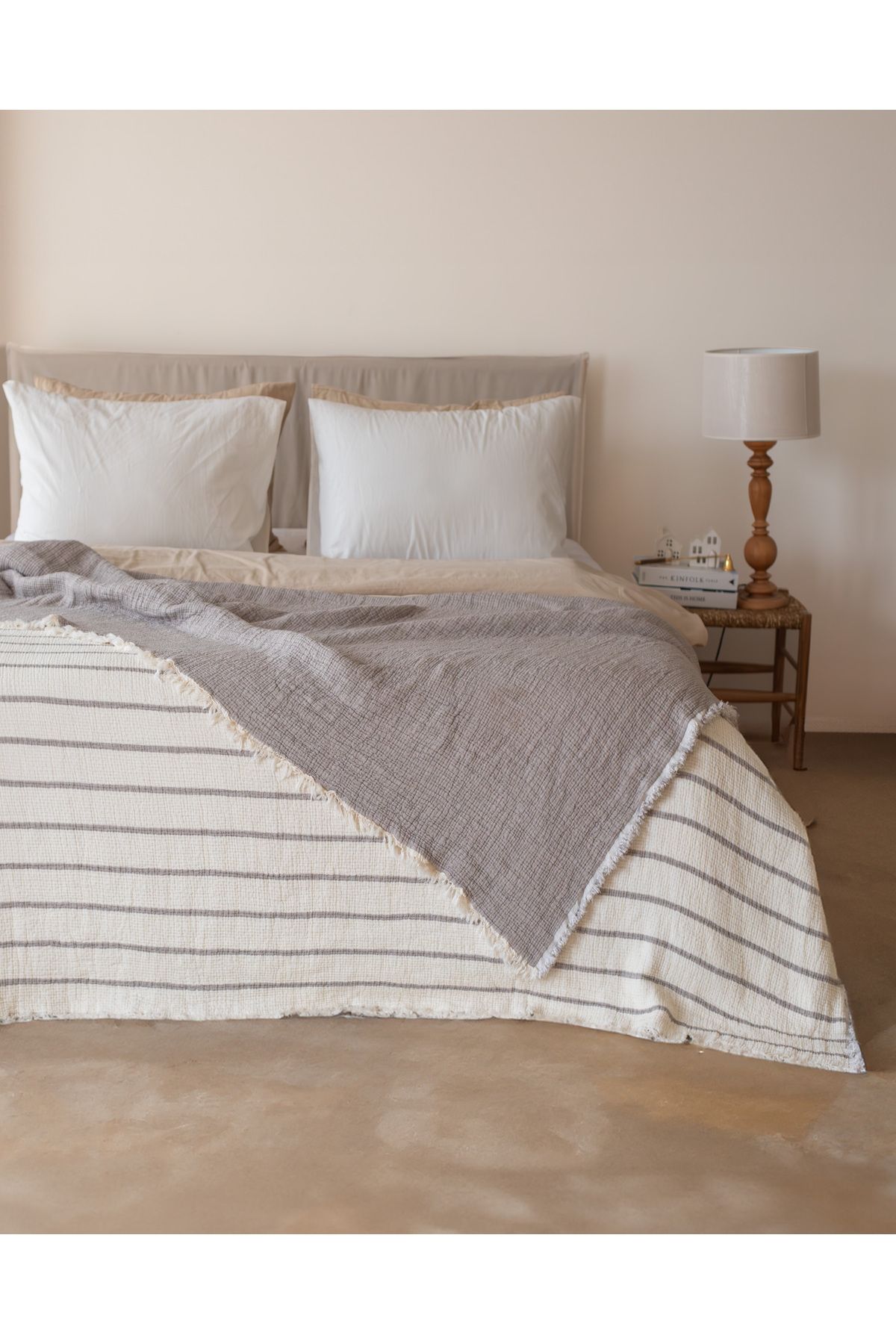 Lux Touch-Double Sided 100% Cotton Muslin Soft Fiber Filled Bedspread - Alaçatı Mink Double 1