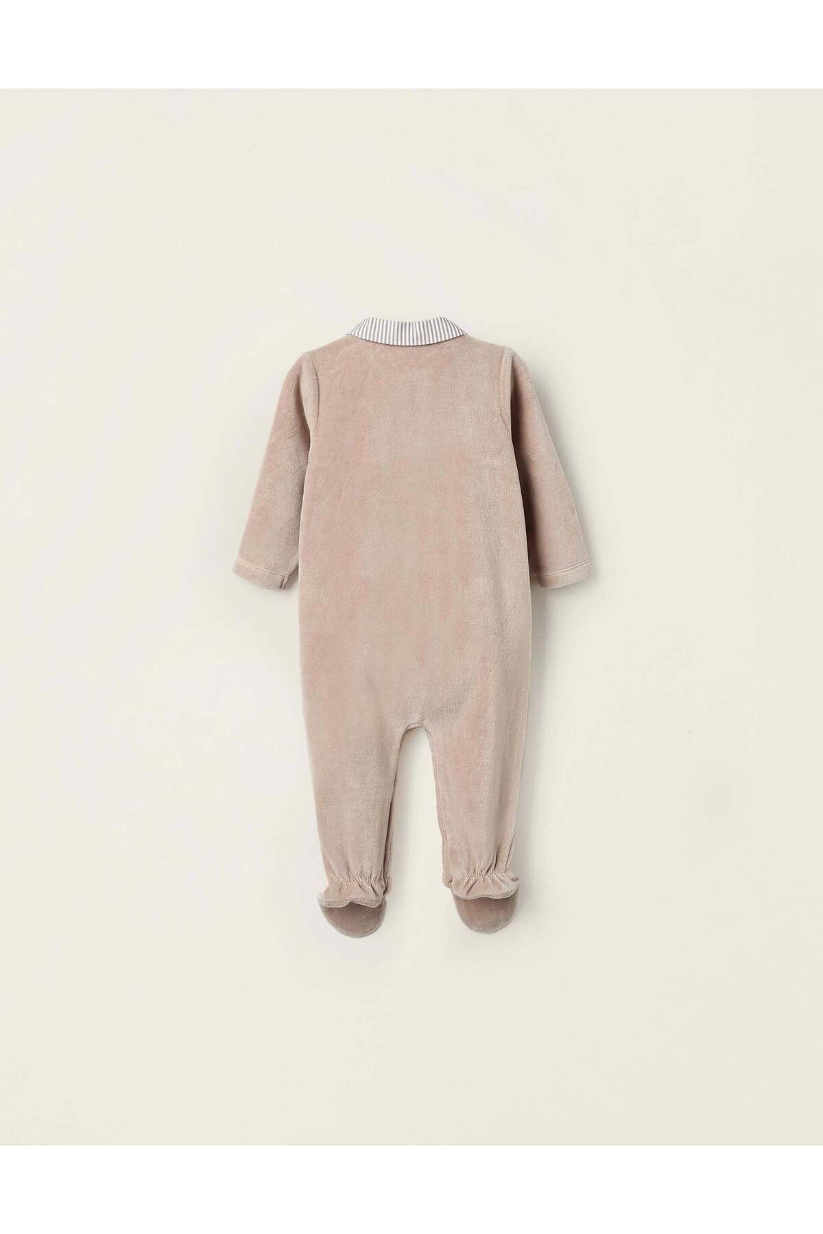 Ziddy-VELOUR STRIPED SLEEPSUIT FOR NEWBORNS BEIGE 2