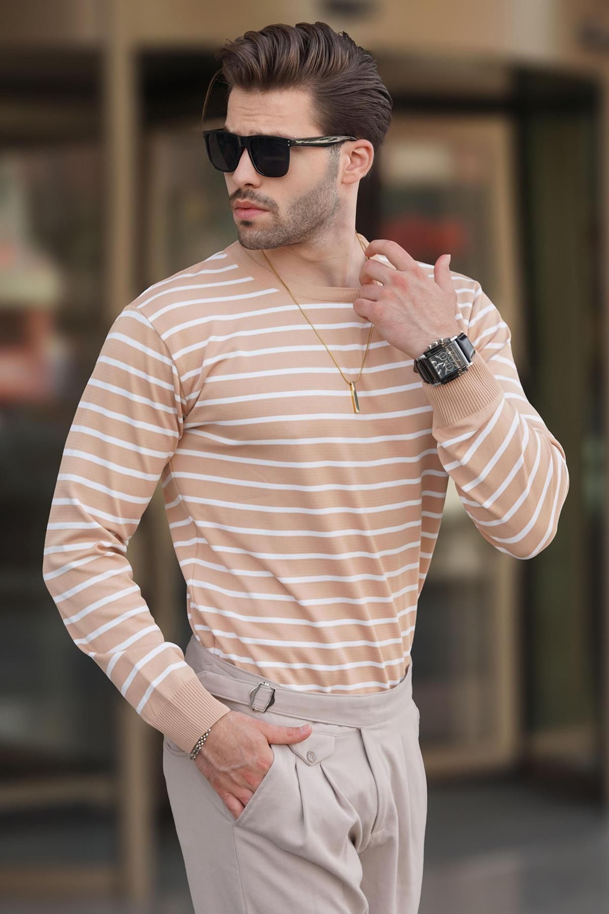 Madmext Camel Bisiklet Yaka Çizgili Kazak 7241