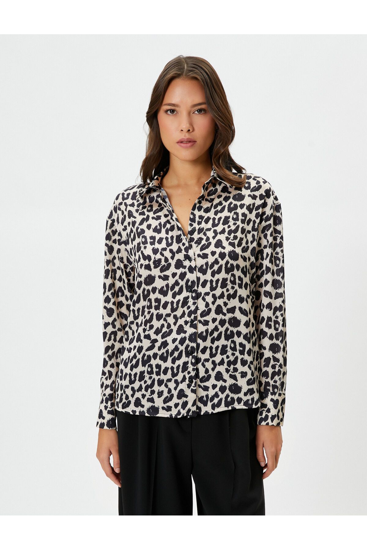 Koton-Satin Shirt Leopard Patterned Pocket Buttoned Long Sleeve 3