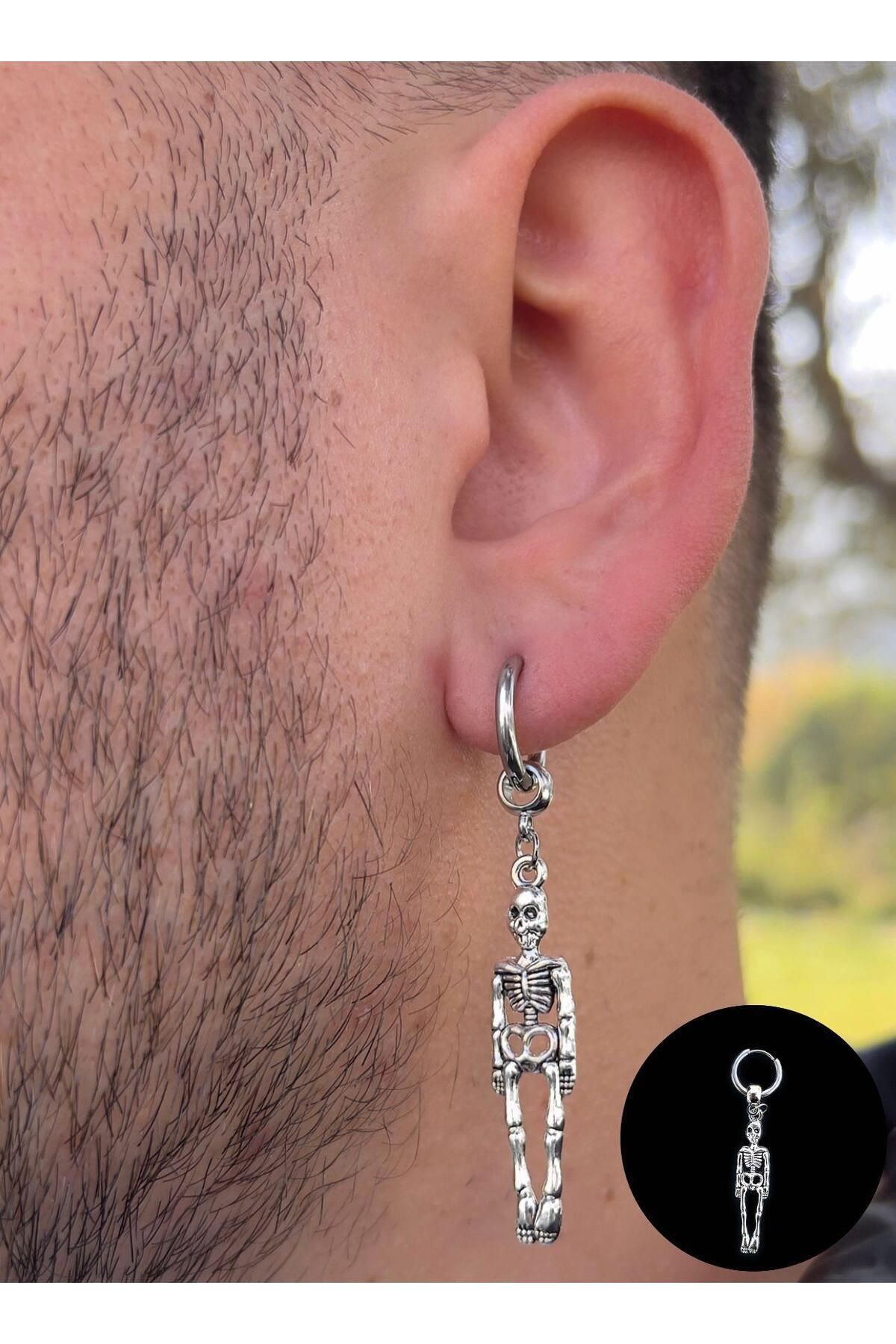 Piercing Market Steel & Silver-Men's Steel Ring Dangle Skeleton Earrings Rust No Darkening 6
