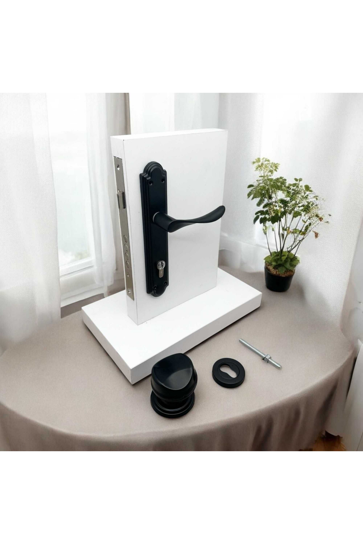 KOLDOOR-Leaf Sleeve Matte Black Mirrored Yale Steel Door Handle Right Press One Side + Mallet and Bottom Badge 3