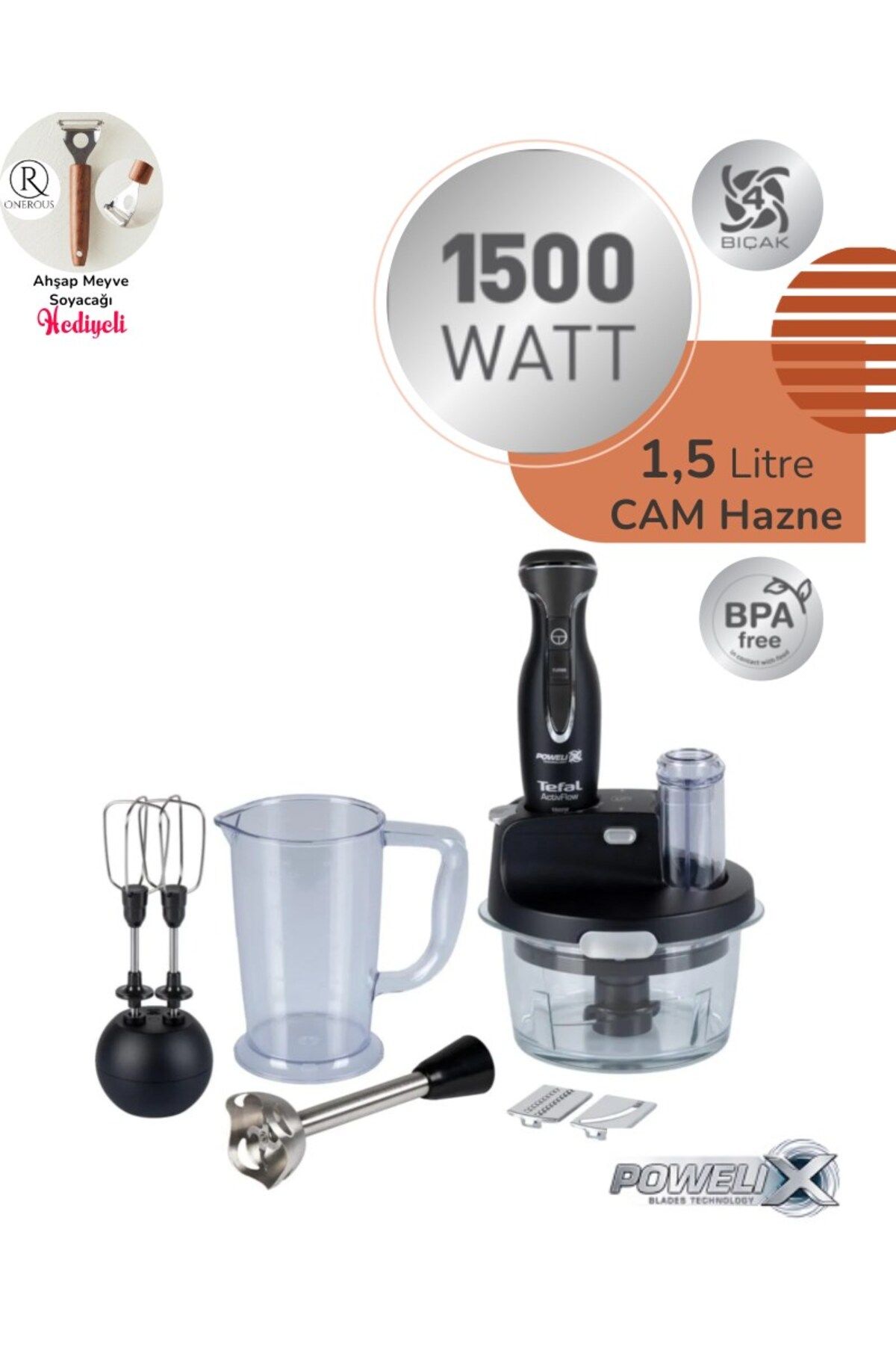 TEFAL Powelix 1500W Dilimleyici ve rende 4 Bıçaklı *1,5 Litre CAM Hazneli Blender & Mutfak Robotu