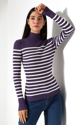 Lavinza Yarım Balıkçı Yaka Triko Çizgili Kazak