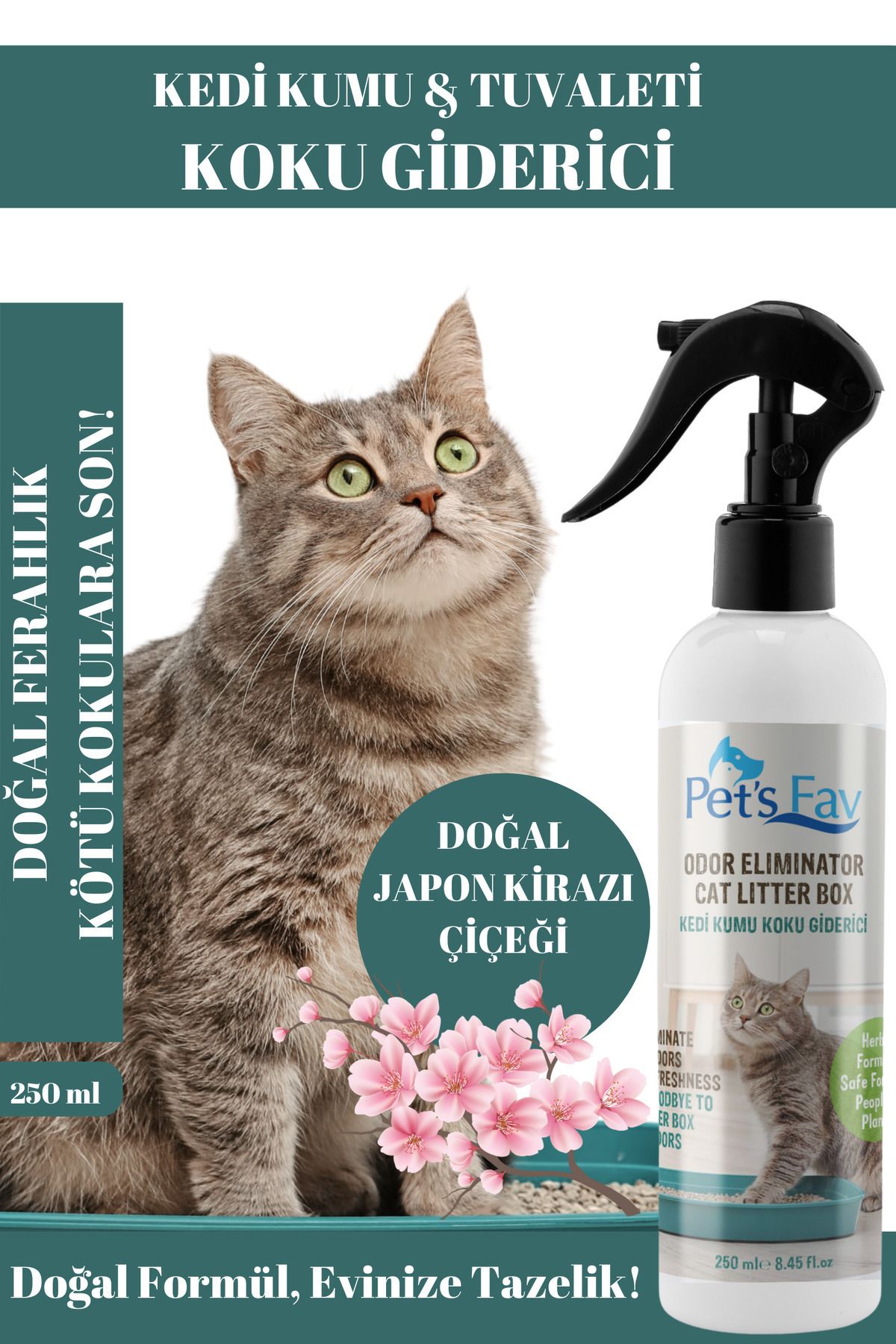 Pets Fav Kedi Kumu ve Tuvaleti Koku Giderici Doğal Japon Kirazı Çiçeği Spreyi