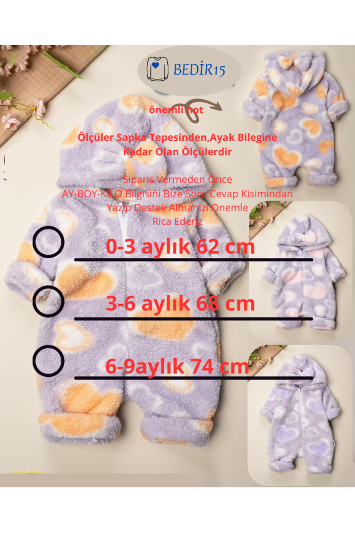 Baby Mii Welsoft Peluş Fermuarlı Kışlık Fiyonk Detaylı Kalpli Welsoft Kız Bebek Uyuk Tulum fotoğrafı 2 (önizleme)