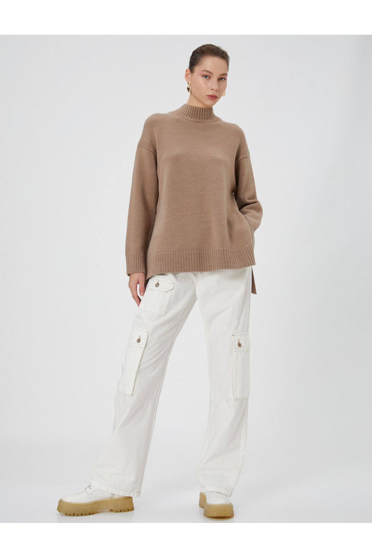 Koton-Soft Textured Asymmetrical Turtleneck Knitwear Tunik 2