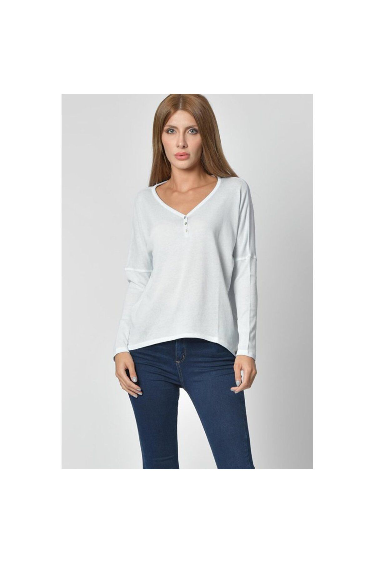 Cotton Candy-Tricou de damă cu mânecă lungă, cu decolteu în V, cu nasturi - Ice Blue 6