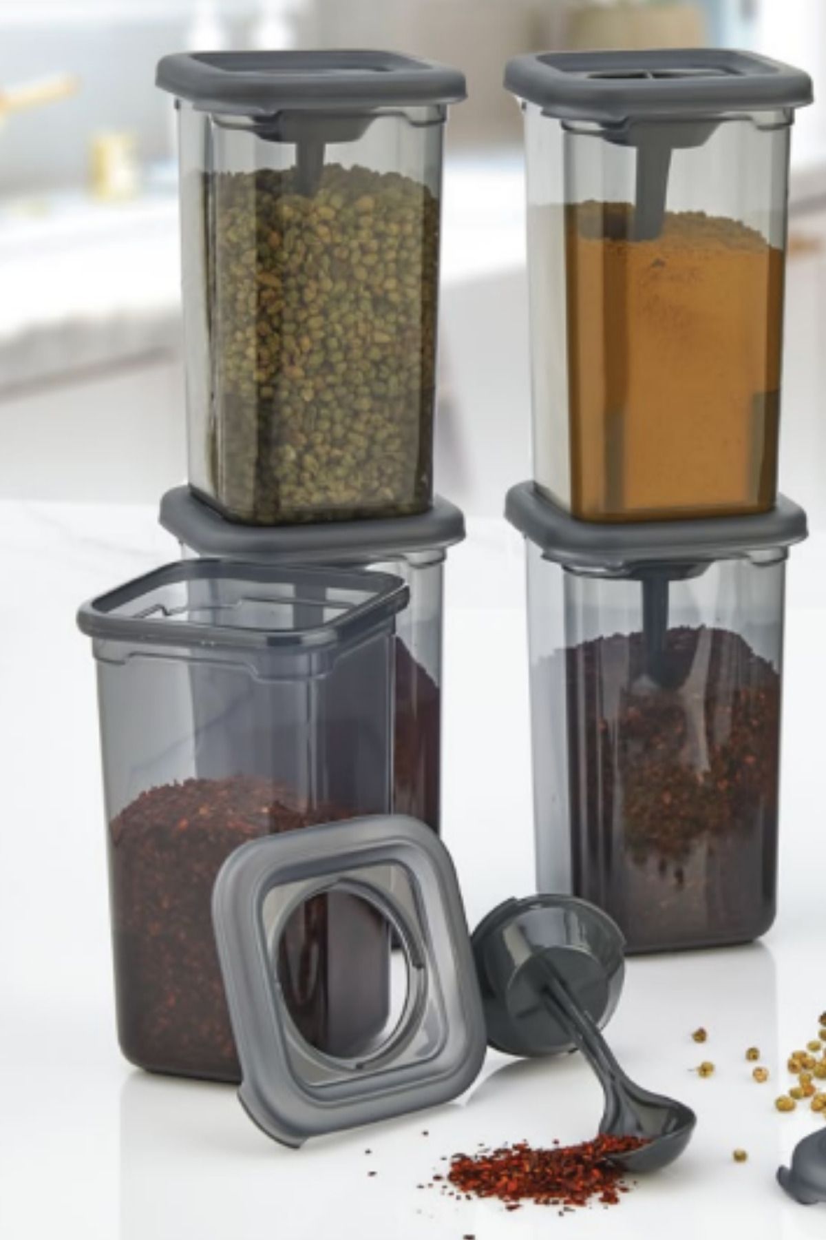 GRİMOR Life-8-Piece Label Self-Adhesive Square Spice Rack Set with Stand Locking Spoon 400 Ml-Smoked 6
