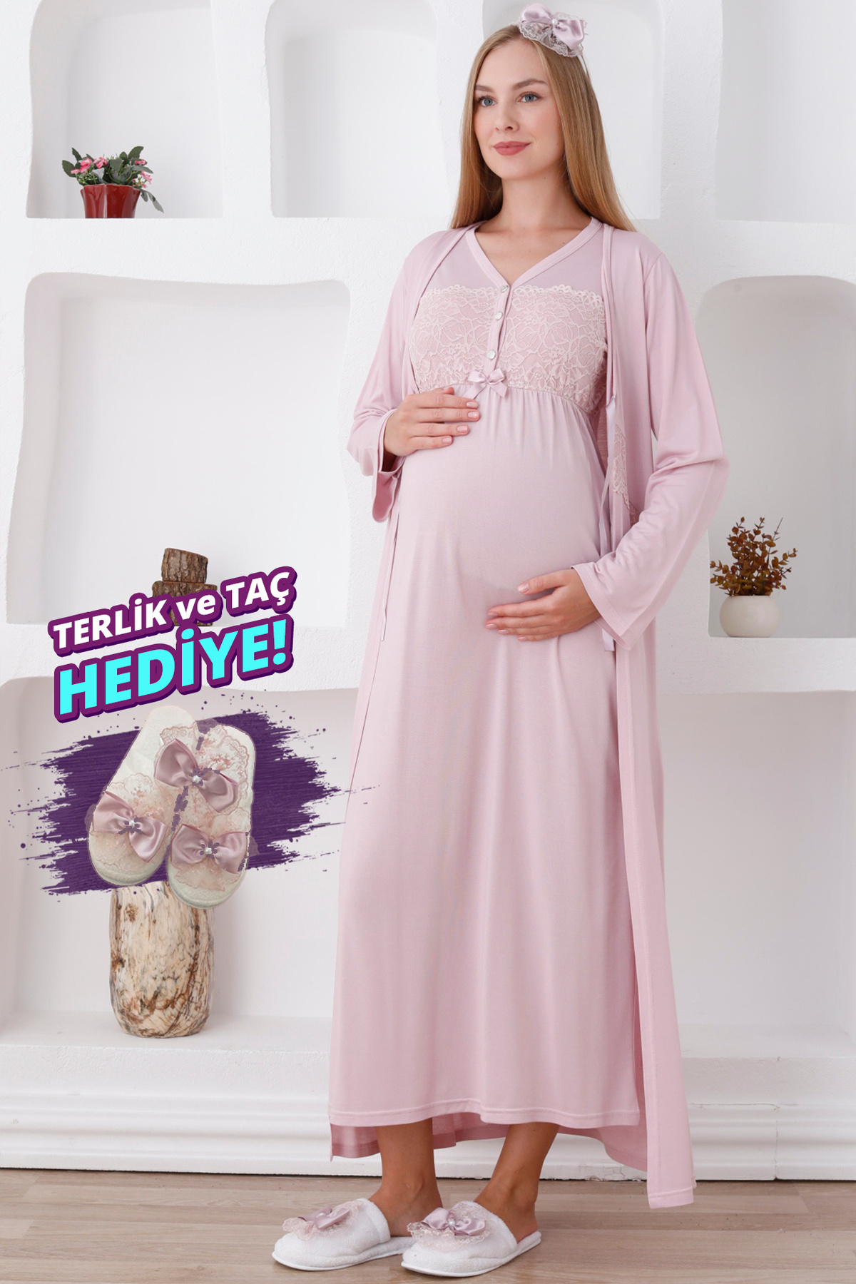 ERDENİZ TEKSTİL-Long Sleeve Maternity Nightgown & Robe Set / Lace Trimmed Bust and Buttons / Slippers and Crown Gift 1