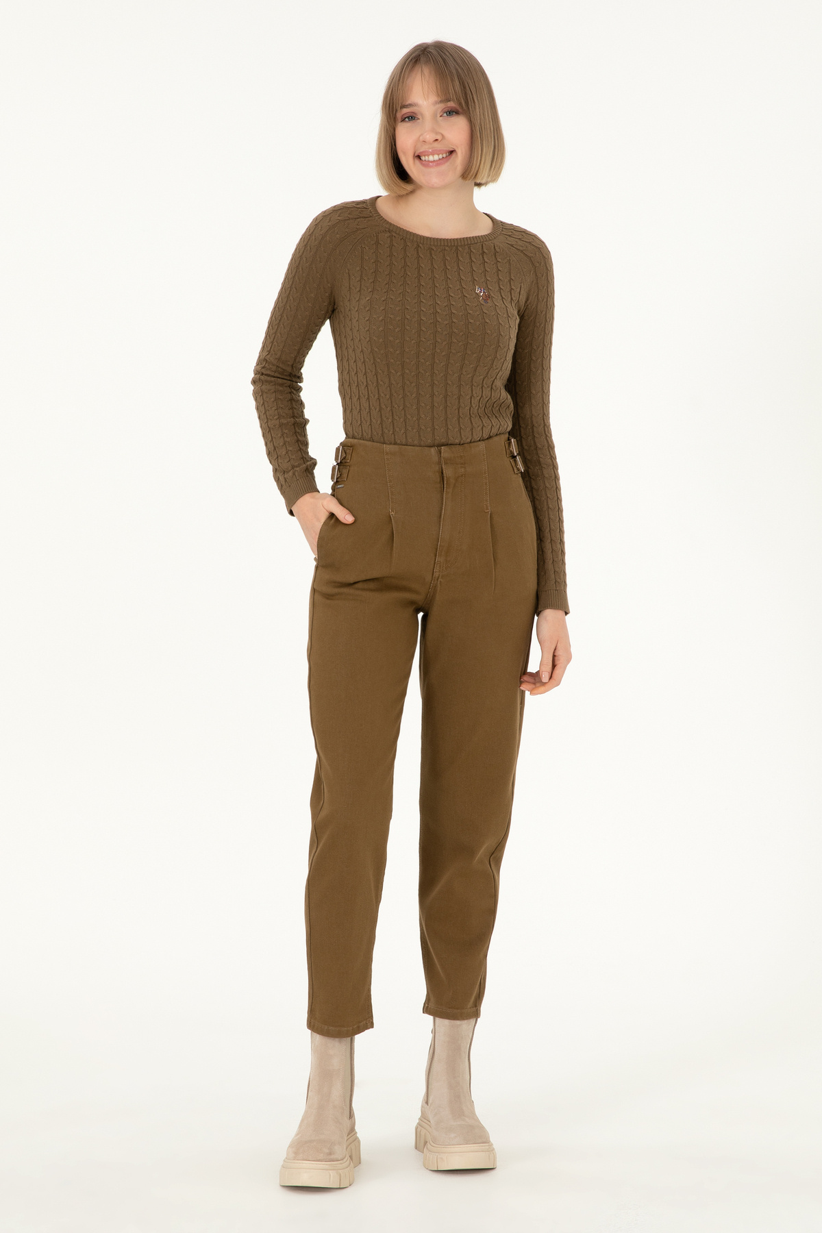 U.S. Polo Assn.  Kadın Haki Bisiklet Yaka Basic Kazak 50288981-VR027 - Görsel 4