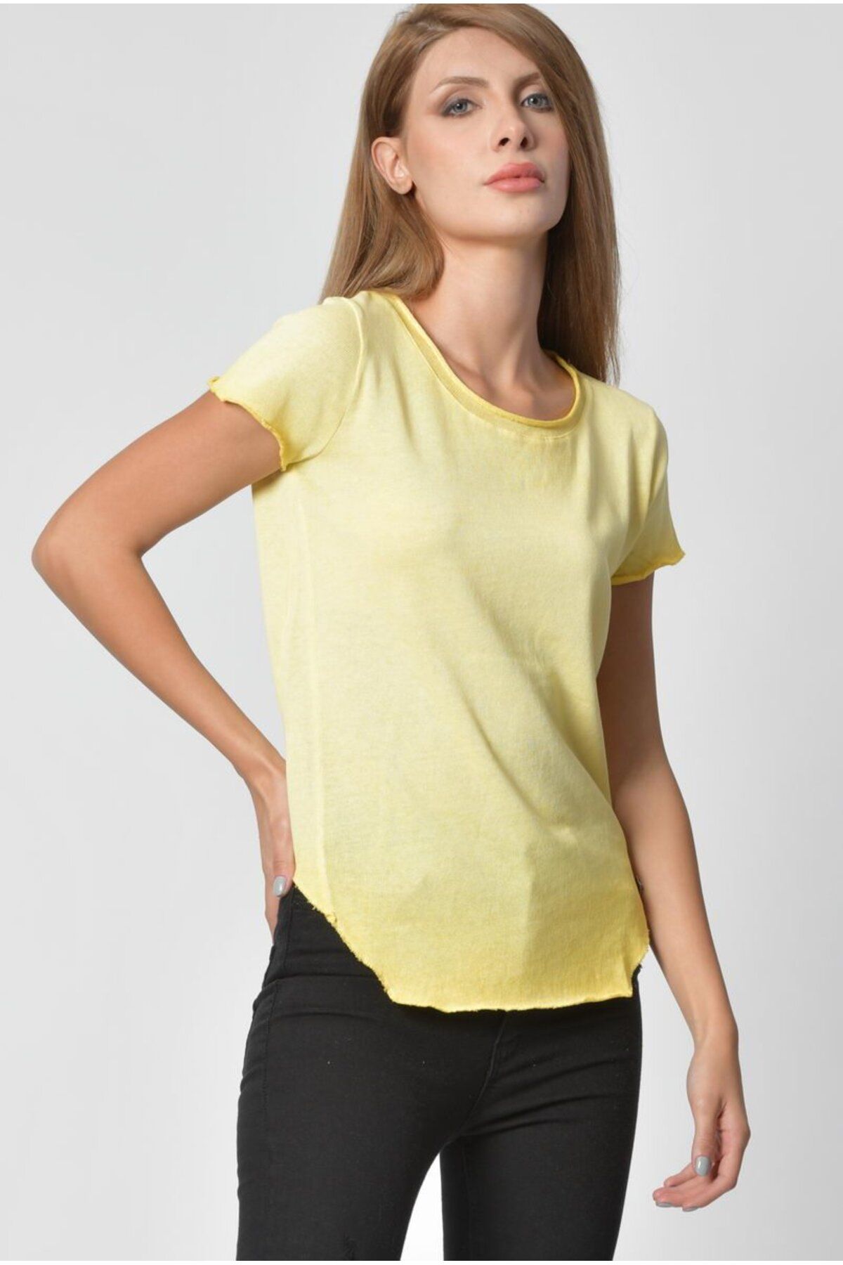 Cotton Candy-Wide Crew Neck Women's T-Shirt - Yellow-Yellow - XS 3