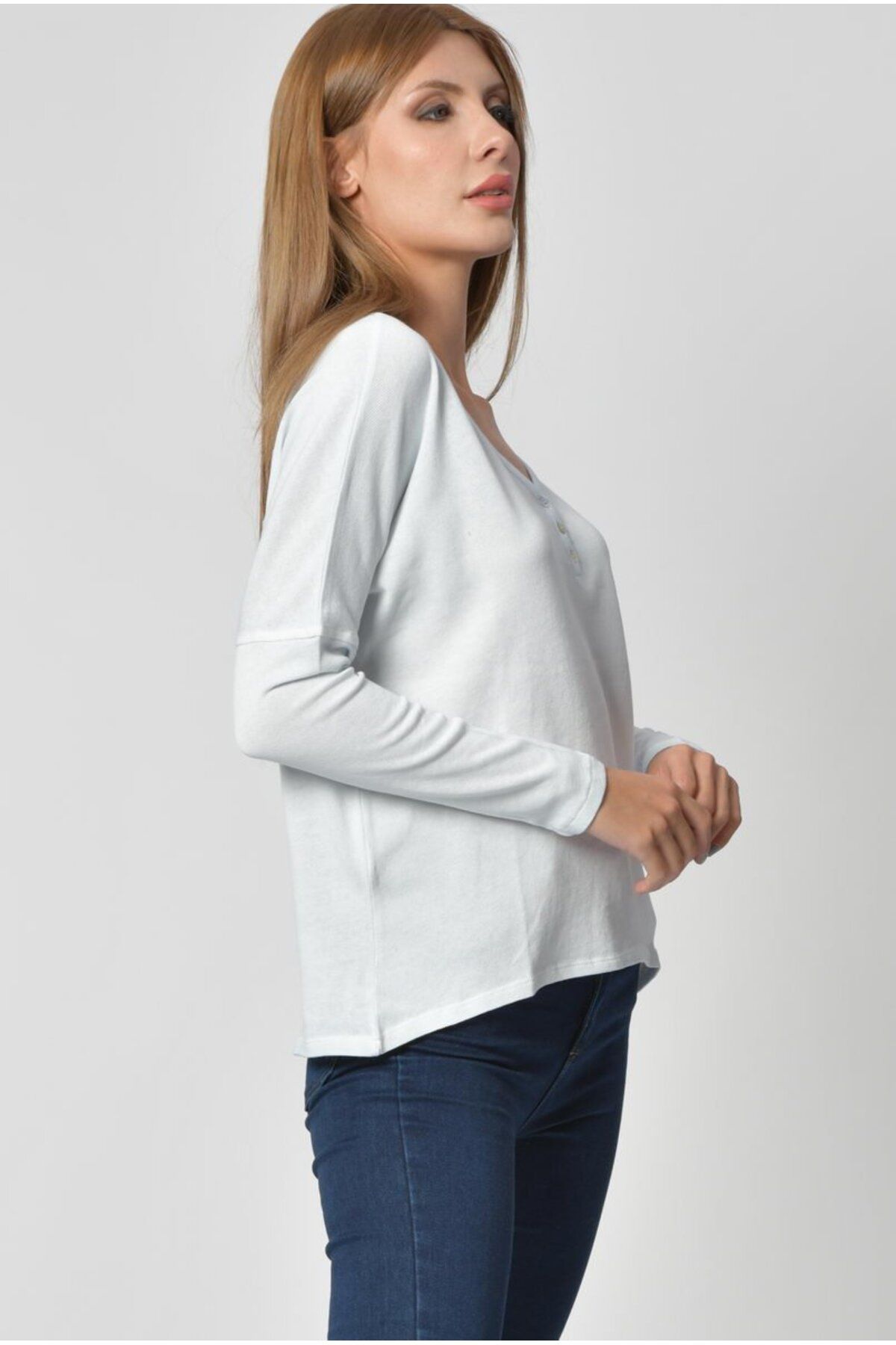 Cotton Candy-Tricou de damă cu mânecă lungă, cu decolteu în V, cu nasturi - Ice Blue 3