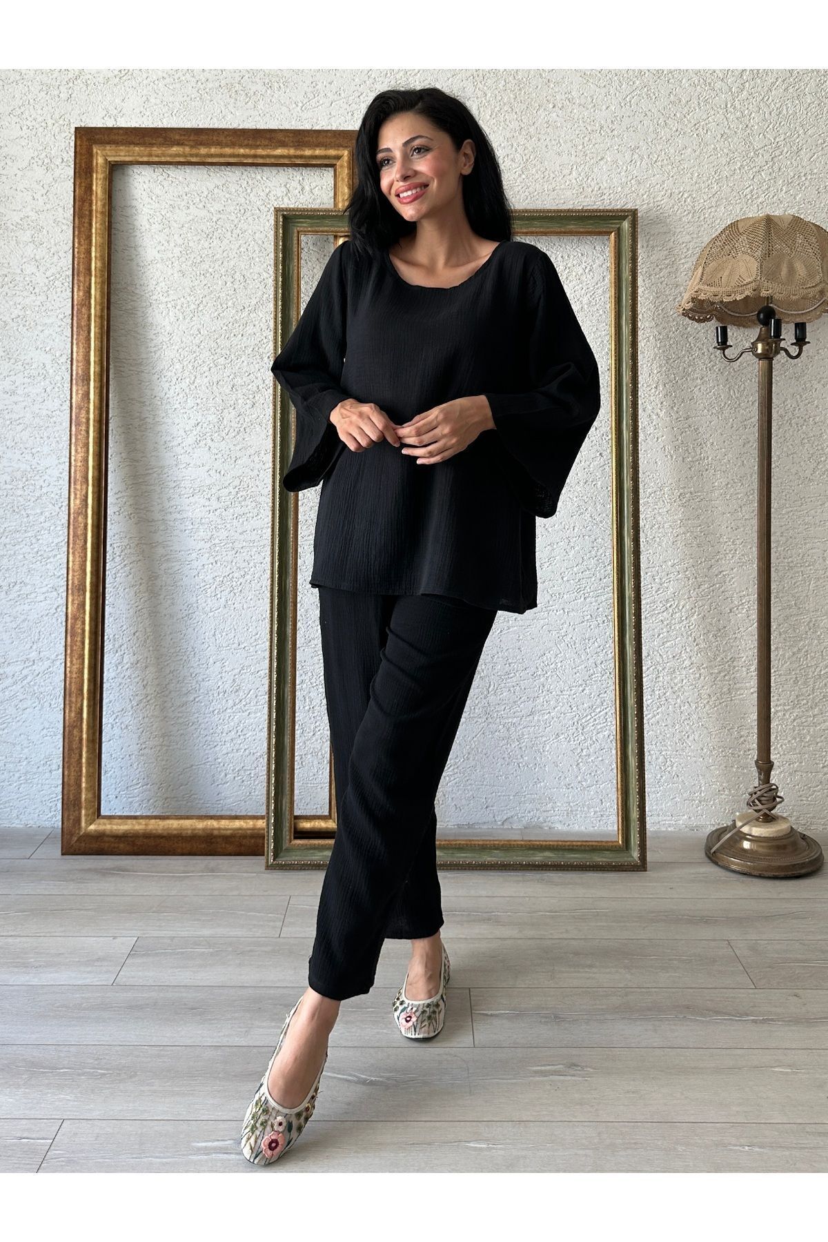 KÜÇÜĞÜM BUTİK Set Casual De Muselină Neagră Femeie - L/XL