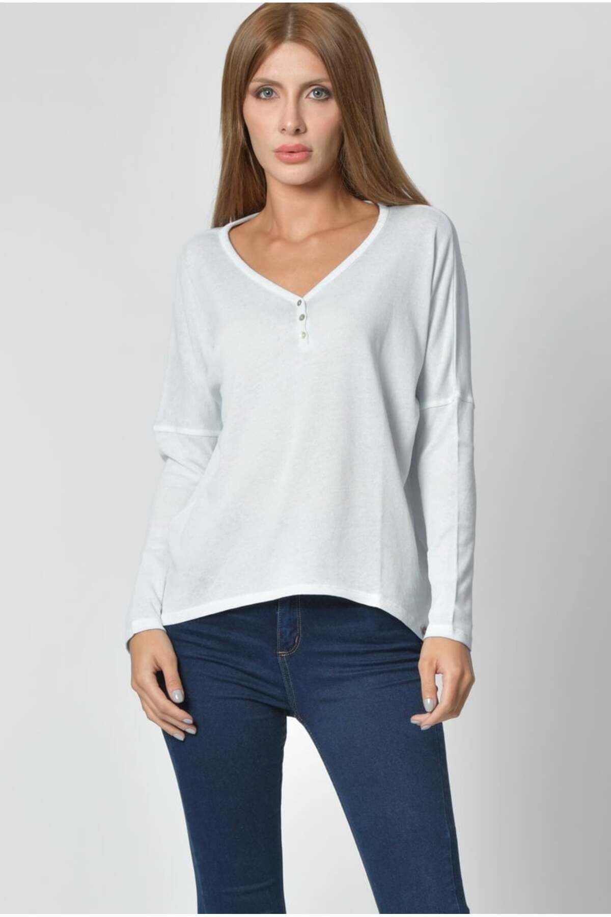 Cotton Candy-Tricou de damă cu mânecă lungă, cu decolteu în V, cu nasturi - Ice Blue 1