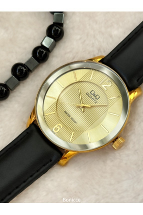 Q&Q Marka Siyah Renk Deri Kordon, Su Geçirmez, 2 Yıl Garantili Sarı Kasa Erke...