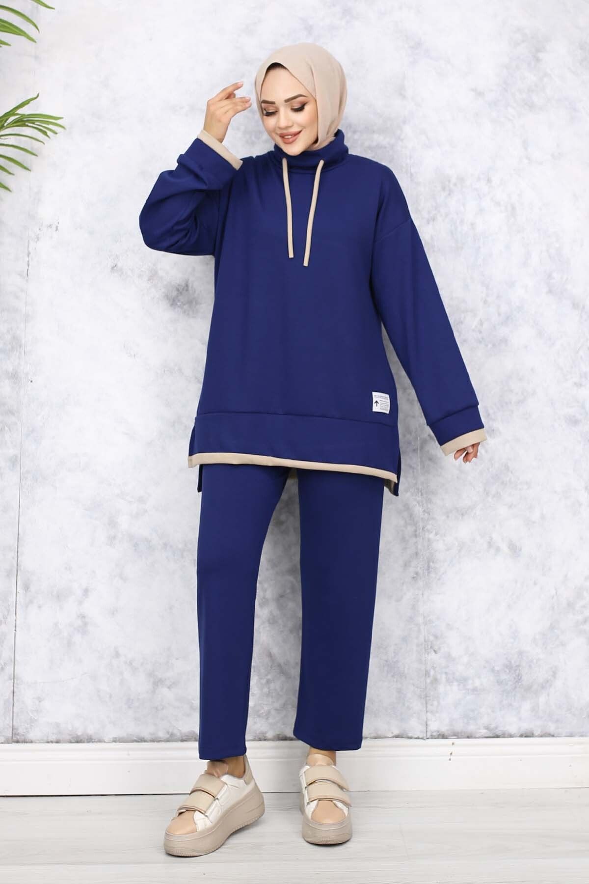 benguen-Navy Blue Double Suit with Crest Detail and Collar 4581 5