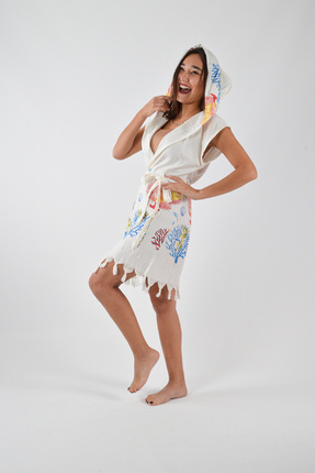 REİNA TEKS Kapüşonlu Pareo Kuşaklı Beachwear Peştemal Karışık Mercan Desenli ...