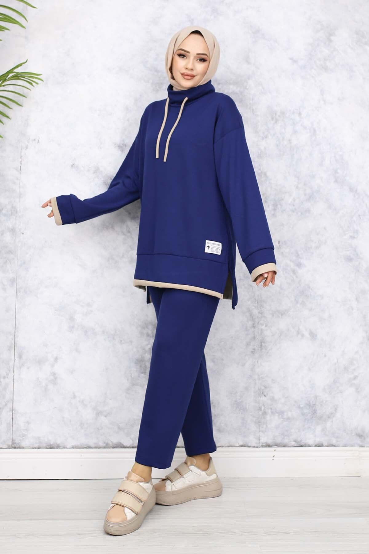 benguen-Navy Blue Double Suit with Crest Detail and Collar 4581 4