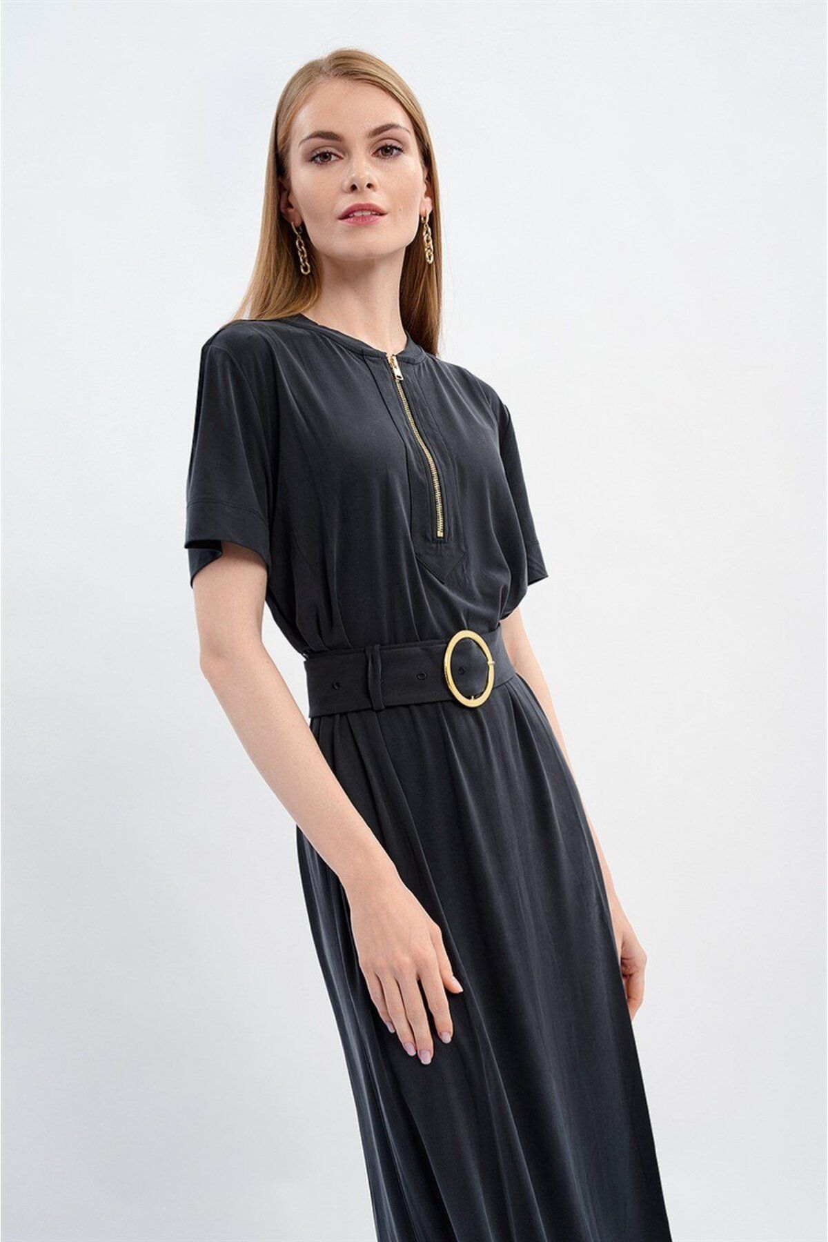 Escada-Sport Belted Short Sleeve Midi Length Black Dress 2